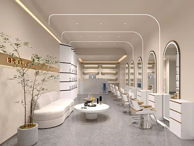Modern Beauty Salon With Waiting Area Sofa Hair Styling Chairs Arched Mirrors And Plants 3d model