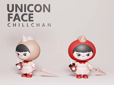 Chillchan Unicon Face Dolls With Different Colored Hats Holding Cup And Umbrella 3d model