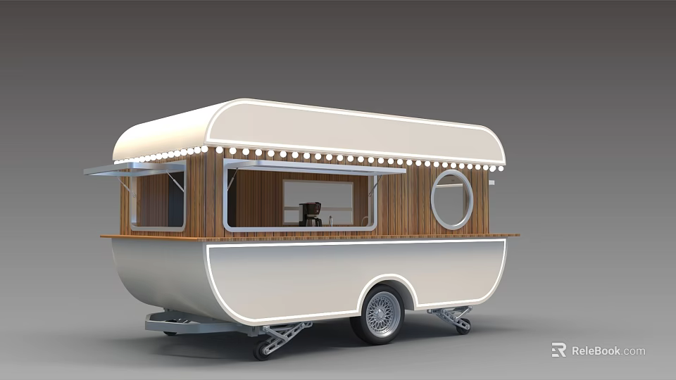 Elegant Mobile Window Display Featuring White Cart Wooden Walls Round Window And String Lights 3d model 