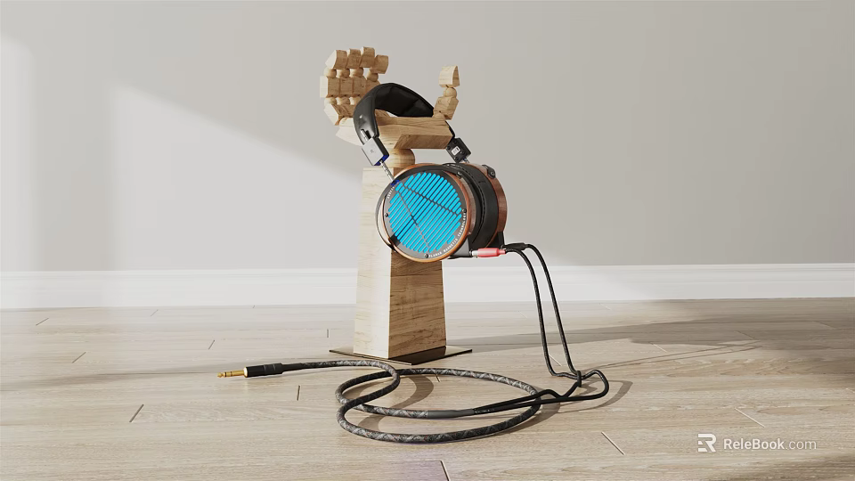 Wooden Stand Holding Black Headphones and Blue Speaker with Cables on Wooden Floor White Wall 3d model 