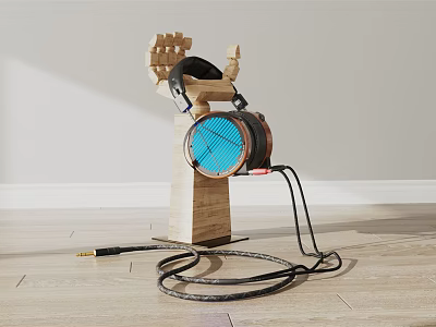 Wooden Stand Holding Black Headphones and Blue Speaker with Cables on Wooden Floor White Wall 3d model