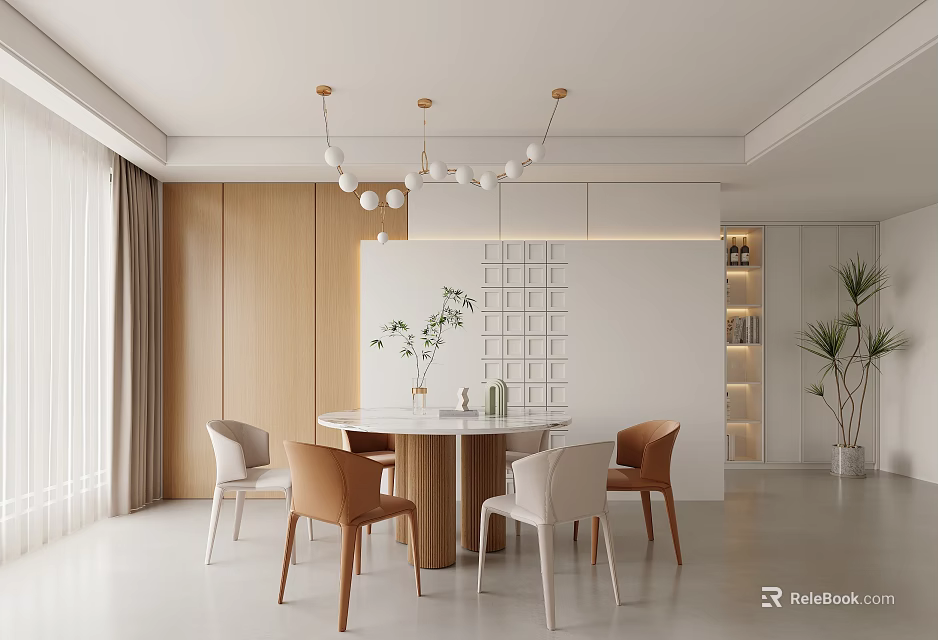 Modern Restaurant Interior With Round Dining Table Chairs Pendant Lights Wooden White Walls And Plants 3d model 
