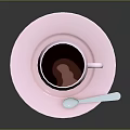 Pink Ceramic Cup With Saucer Spoon And Steam From Hot Dark Liquid
