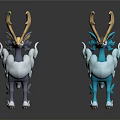 3D Animal Models With Golden Antlers White Gray Blue White Fur Standing On White Background