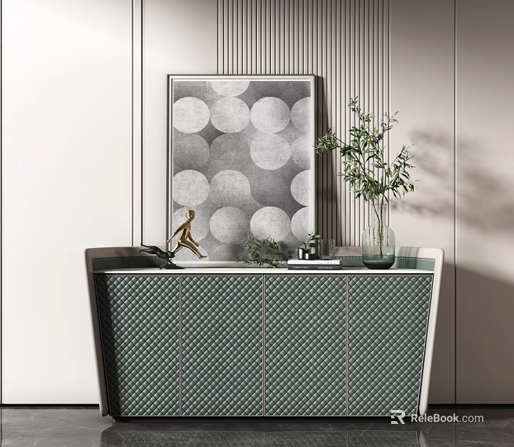 Elegant Console Table With Green Pattern Surface Decorative Painting And Potted Plant 3d model