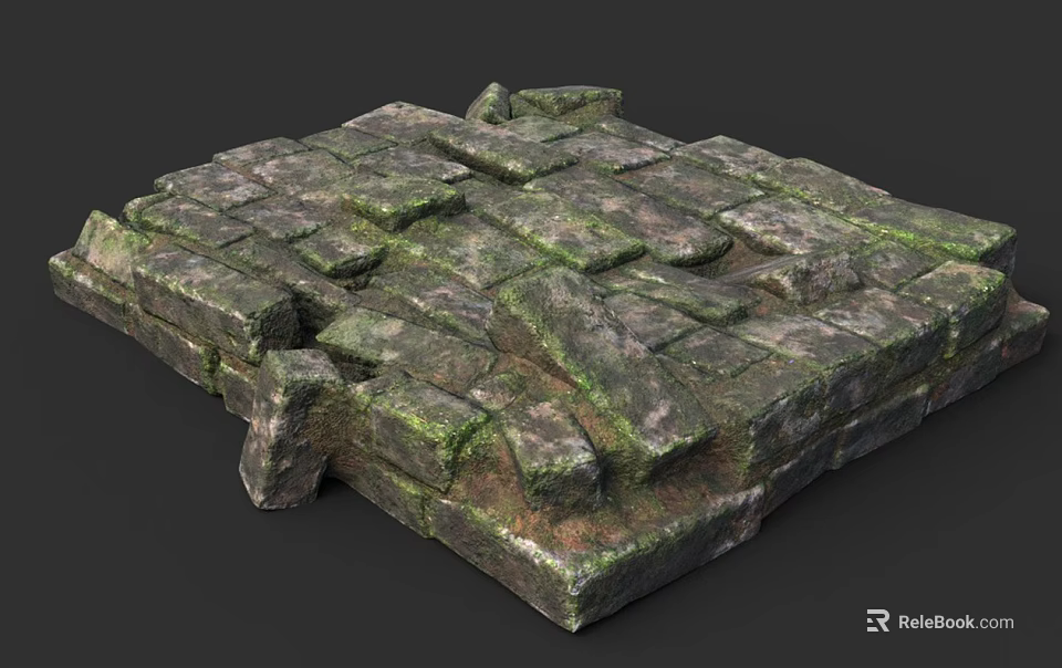 Moss Covered Stone Brick Floor With Weathered Texture And Irregular Pattern 3d model 