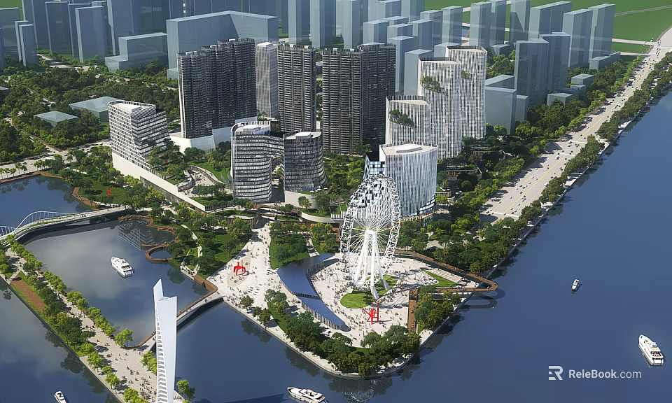Aerial Urban Planning View With High Rise Buildings Ferris Wheel Waterfront And Green Spaces 3d model 