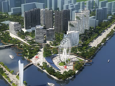 Aerial Urban Planning View With High Rise Buildings Ferris Wheel Waterfront And Green Spaces 3d model
