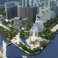 Aerial Urban Planning View With High Rise Buildings Ferris Wheel Waterfront And Green Spaces