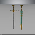 Two Ornate Swords with Silver Blades Green Accents and Golden Decorative Handles