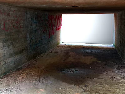 Abandoned Tunnel With Graffiti Covered Concrete Walls Dirt Floor And Bright End Light 3d model