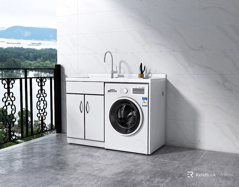 White Washing Machine in Balcony with Cabinet Faucet Marble Wall and Scenic Outdoor View 3d model 