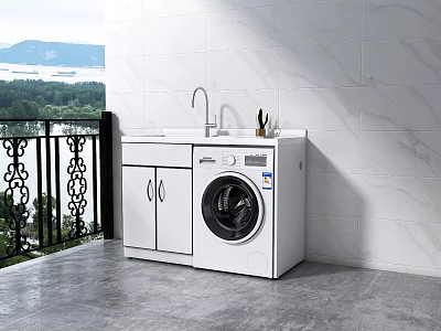 White Washing Machine in Balcony with Cabinet Faucet Marble Wall and Scenic Outdoor View 3d model