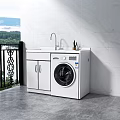 White Washing Machine in Balcony with Cabinet Faucet Marble Wall and Scenic Outdoor View