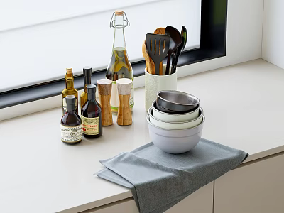 Organized Cooking Utensils Bowls And Spice Bottles On Kitchen Countertop With Towel Near Window 3d model