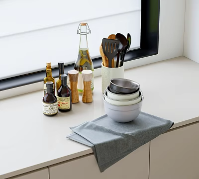 Organized Cooking Utensils Bowls And Spice Bottles On Kitchen Countertop With Towel Near Window 3d model