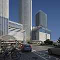 Modern Office Buildings With Glass Curtain Walls In Urban Area With Street Vehicles And Greenery