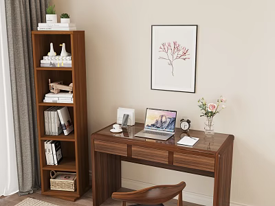 Modern Wooden Desk With Laptop Cup Clock Flower Vase Near Bookshelf And Pink Branch Painting 3d model