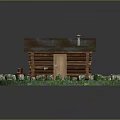 Rustic Log Cabin With Rusty Metal Roof Chimney Door Axe Orange Bucket Grass Stone Fence