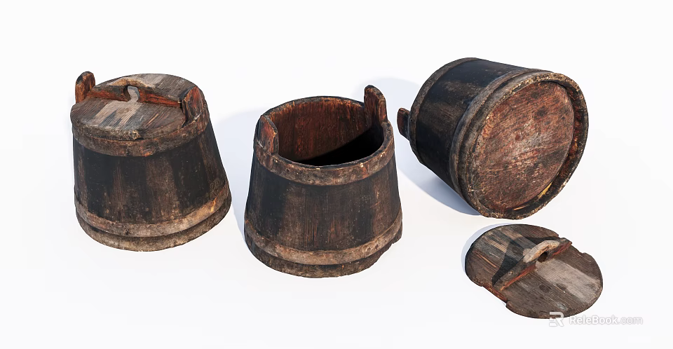 Vintage Wooden Barrel Decorative Ornament Set With Rustic Design And Lid Details 3d model 