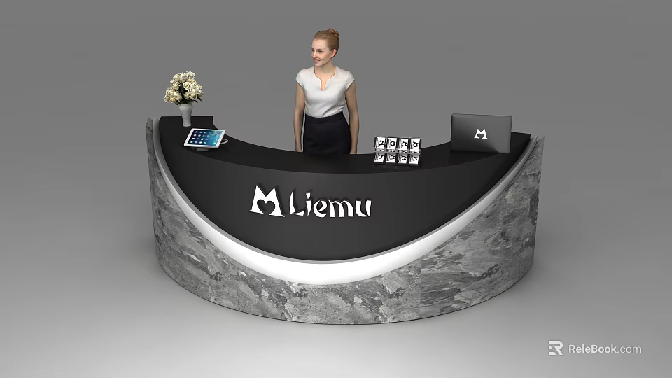 Curved Reception Desk With Marble Texture Liemu Logo Tablet Flower Vase And Laptop 3d model 