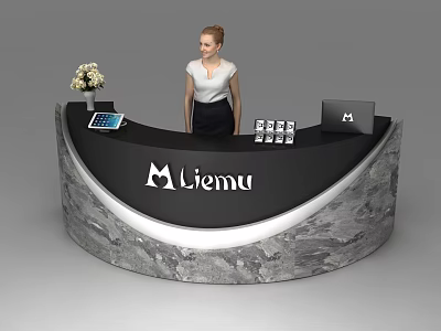 Curved Reception Desk With Marble Texture Liemu Logo Tablet Flower Vase And Laptop 3d model