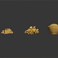 Golden Carved Sculptures in Various Shapes Including Ingot Container Granules and Sticks on Dark Background