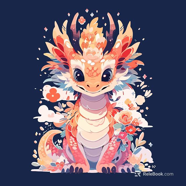Colorful Dragon Game Movie Character with Floral Cloud Decorations in Fantasy Art Style 3d model 