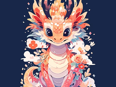 Colorful Dragon Game Movie Character with Floral Cloud Decorations in Fantasy Art Style 3d model