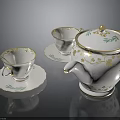 White Porcelain Tea Set With Gold Trim Green Leaf Patterns Teapot Cups And Saucers