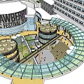 Urban Modern Commercial Street With Contemporary Architecture Greenery And Covered Circular Walkway Plaza