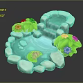 Cartoon Scene With Stone Border Small Stream Lotus Flower Green Leaves And White Blossoms