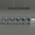 Modern Public Facility With Security Turnstiles Control Console And Hanging Displays 3d model