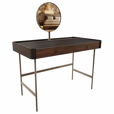 Modern Dressing Table Set With Black Tabletop Wooden Drawers Metal Legs And Round Mirror 3d model