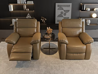 Two Brown Leather Massage Chairs In Modern Living Room With Decorative Table And Artwork 3d model
