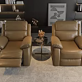 Two Brown Leather Massage Chairs In Modern Living Room With Decorative Table And Artwork