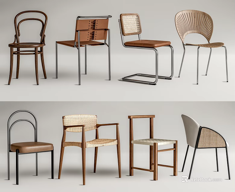 Modern Dining Chairs With Rattan Backs Wooden Frames Metal Legs And Leather Seats 3d model 