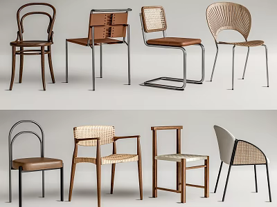 Modern Dining Chairs With Rattan Backs Wooden Frames Metal Legs And Leather Seats 3d model