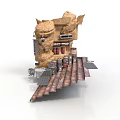 Rock Fortress Scene Component With Stone Towers Platform Walkway And Metal Parts