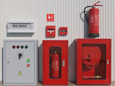 Fire Safety Equipment With Red Fire Extinguisher Fire Hose Cabinet Control Panel And Alarm Button 3d model