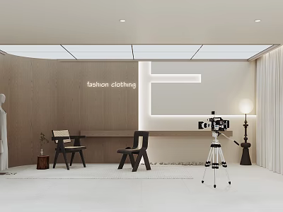 Fashion Clothing Store Interior With Display Area Chairs And Tripod Lighting 3d model