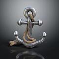 Silver Metal Anchor With Coiled Rope On Black Background And Reflection 3d model