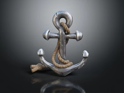 Silver Metal Anchor With Coiled Rope On Black Background And Reflection 3d model