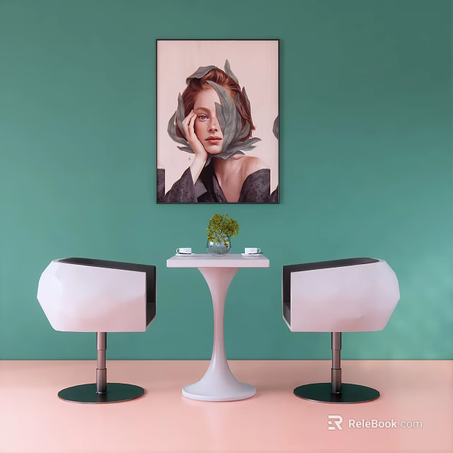 Green Wall Painting With White Round Table Black And White Chairs Potted Plant Pink Floor 3d model 