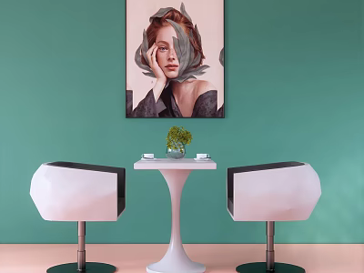 Green Wall Painting With White Round Table Black And White Chairs Potted Plant Pink Floor 3d model