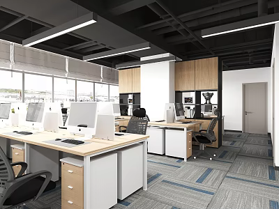 Modern Public Office Space With Desks Computers Office Chairs Lighting And Large Windows 3d model
