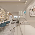 Luxury Beauty Hair Salon with Front Desk Curved Bookshelves Marble Countertops Blue Chairs Pendant Lights