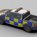 Police Truck With Blue And Yellow Checkered Design And Roof Emergency Lights