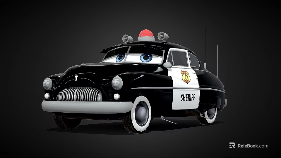 Cartoon Sheriff Police Car With Big Blue Eyes Red Emergency Light And Vintage Design 3d model 