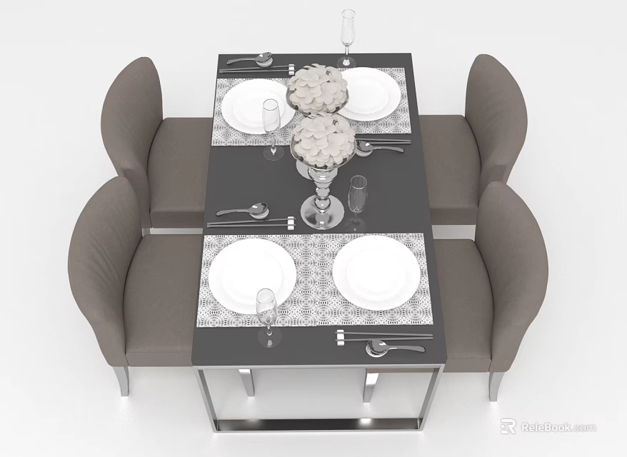 Modern Dining Table Set with Four Gray Chairs White Plates Glasses Vase on Black Tabletop 3d model 